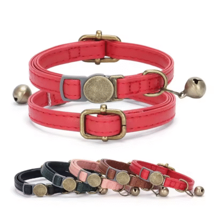 F#New Cat Accessories Retro Style Cat Dog Pet Collar Wear-Resistant Leather with Custom Engraved Metal Buckle Cute Ribbons Leash